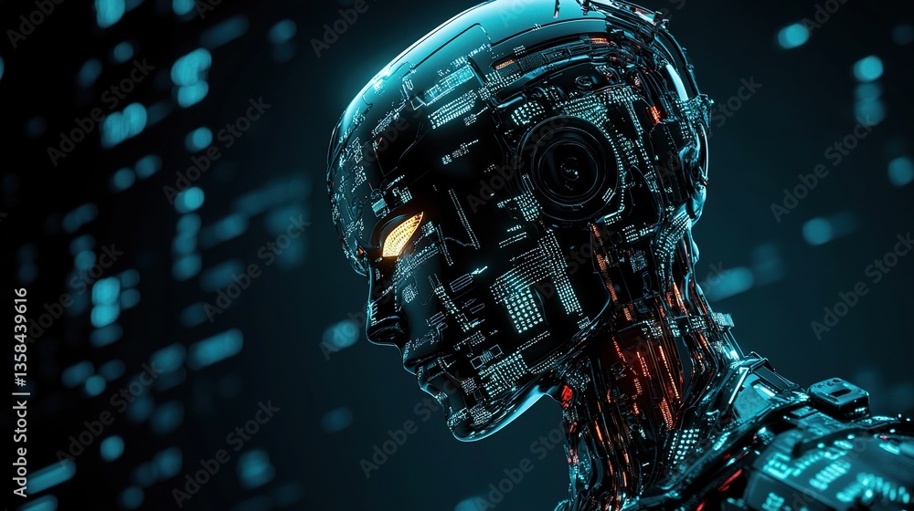 Poster futuristic humanoid robot with glowing features in high-tech setting