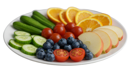 wholesome vegetable salad tasty colorful spread of fresh fruits and vegetables, t white plate, featuring cucumbers, cherry tomatoes, blueberries, orange slices, apple slices ,culinary, artistic, fiber