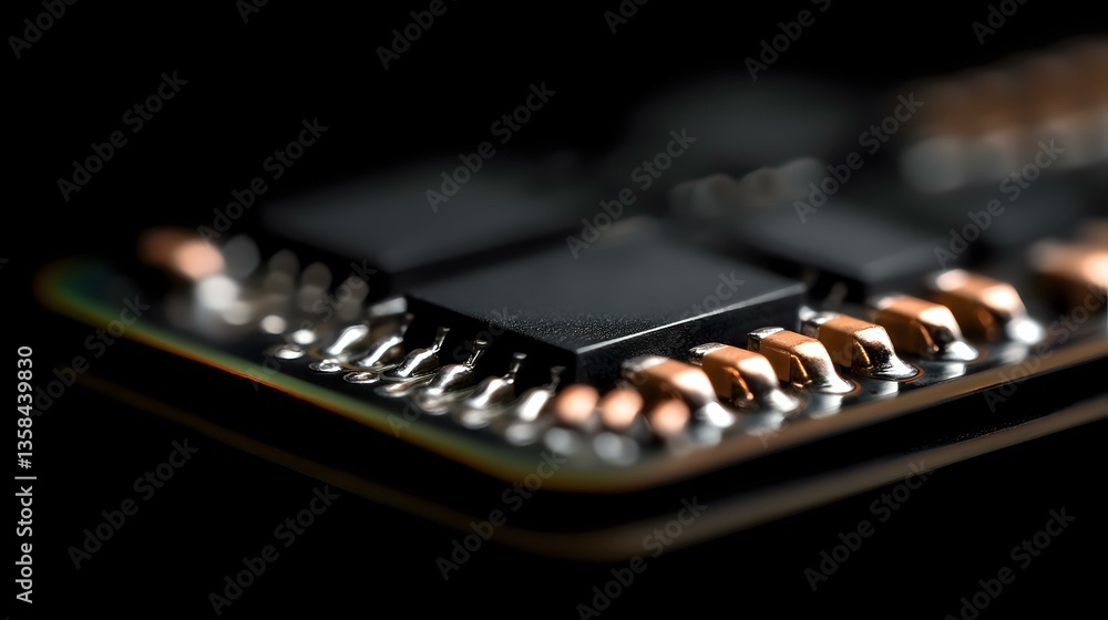 Poster close-up macro shot of electronic circuit board components with copper contacts and black microchip 