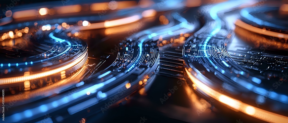 Poster Futuristic technology background with glowing blue and orange circular patterns, digital network connections and light trails creating dynamic abstract composition.
