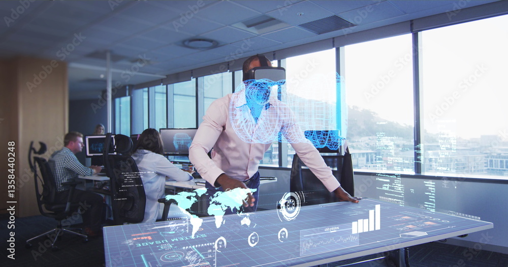 Aufkleber using virtual reality headset, businessman analyzing data on digital interface in office