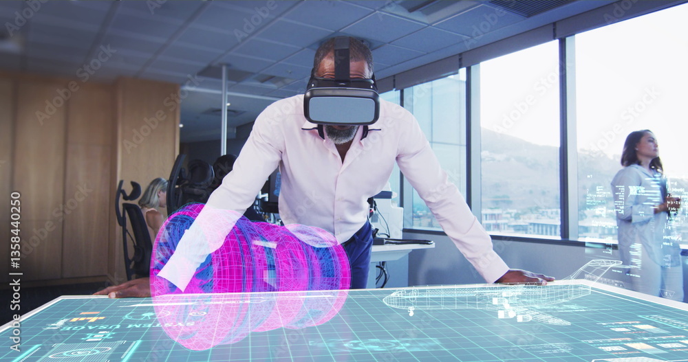 Poster man using vr headset interacting with holographic display in modern office