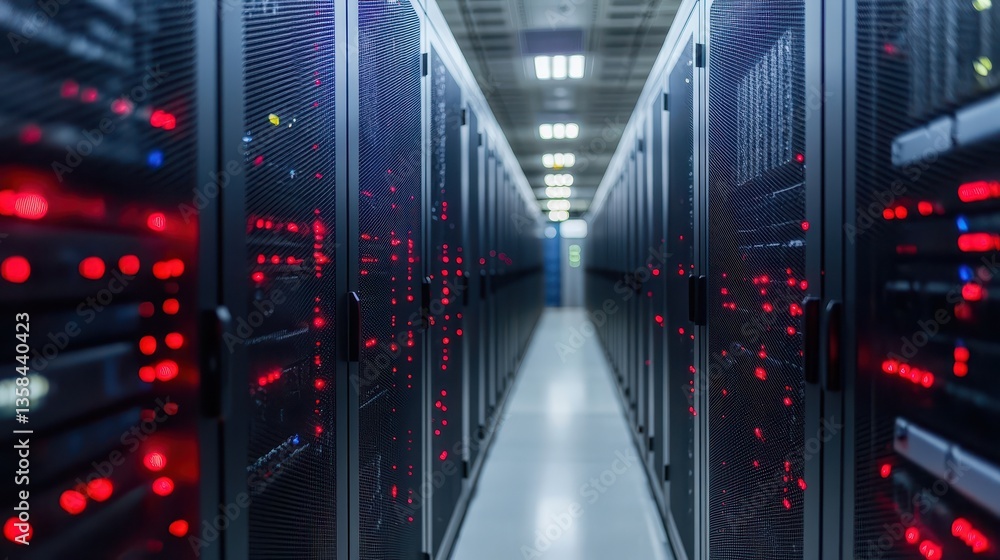 Poster inside a modern data center, rows of powerful servers for cloud computing and storage