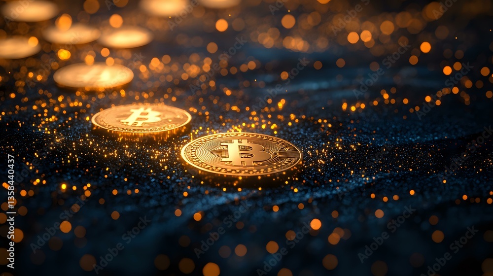 Poster golden cryptocurrency coins on dark surface with glowing sparkles and bokeh lights creating magical 