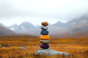Balanced colorful stones stacked on boulder in mountain landscape with autumn colored grass and misty peaks, zen meditation and wellness concept.