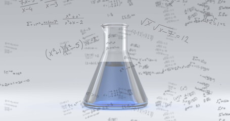 Laboratory flask with blue liquid surrounded by complex mathematical equations