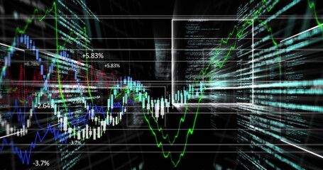 Illustrating financial market trends, digital graphs and equations for analysis