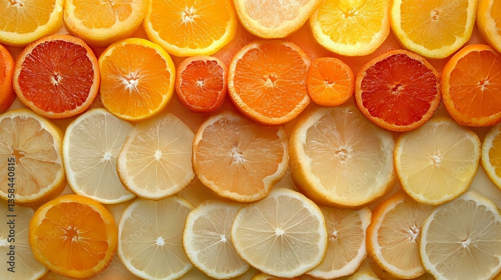 Poster fresh citrus slices arranged in rows showing variety of oranges, blood oranges, grapefruits and lemo