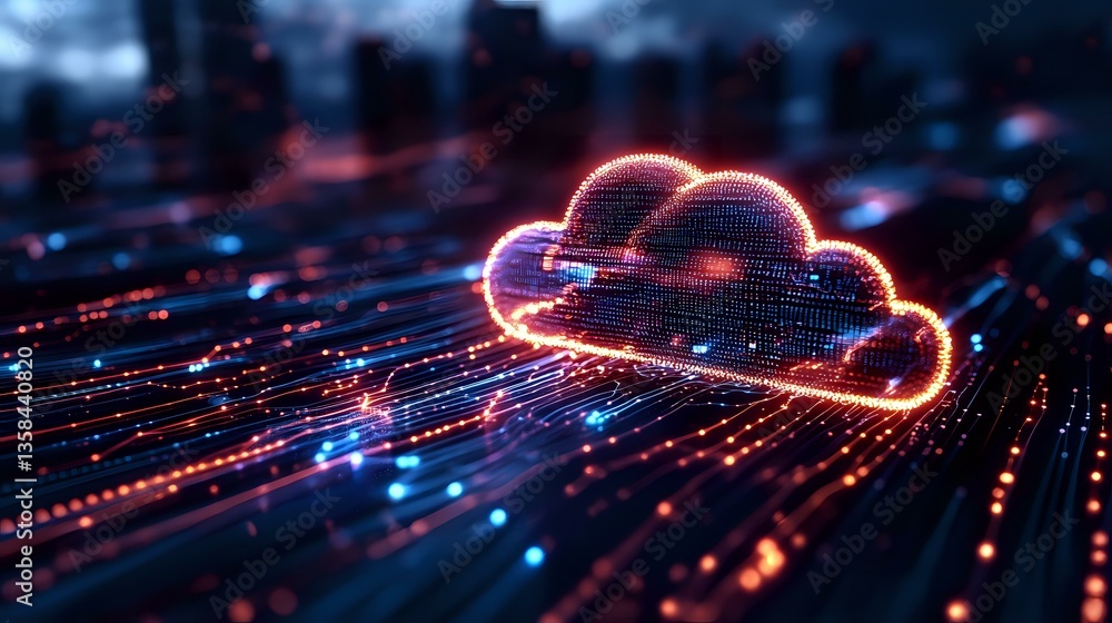 Poster Glowing neon cloud symbol over digital circuit lines with streaming data visualization in blue and red colors against dark background for cloud computing concept.