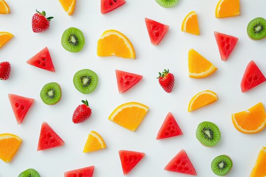 Colorful fruit slices arranged on a white background in a vibrant pattern.  Fresh, juicy fruit pieces create a visually appealing design
