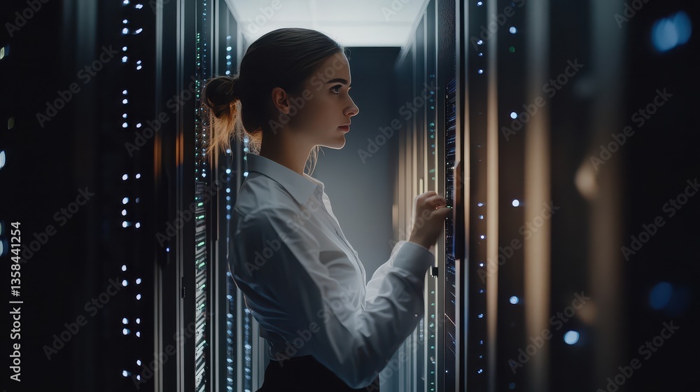 Poster woman in server room monitoring network infrastructure and data center operations