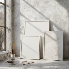 Empty canvases and art supplies in a sunlit studio.