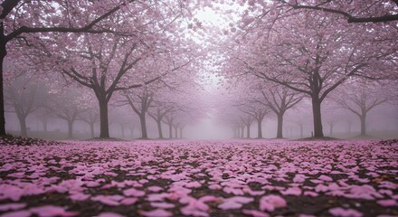 Enchanting Cherry Blossom Pathway Under Soft Morning Fog for Nature Lovers