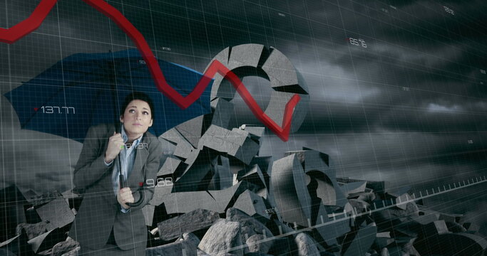 Holding umbrella, businesswoman standing against falling stock market graph outdoors - Powered by Adobe