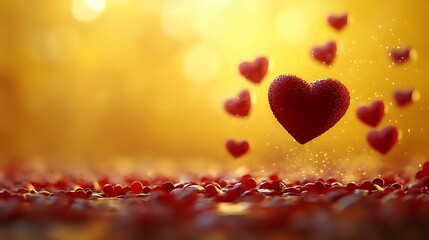 Obraz premium Red velvet hearts floating with sparkles against golden bokeh background, romantic composition with heart shapes and glitter scattered on reflective surface.