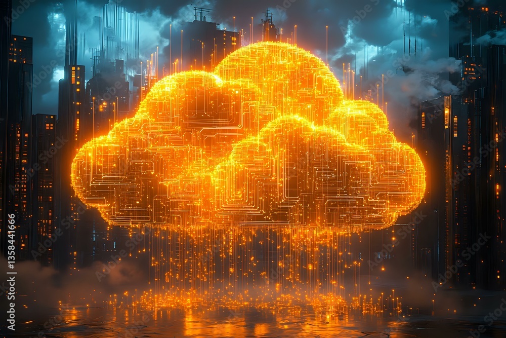 Poster glowing orange digital cloud with circuit patterns against dark cityscape background, representing c