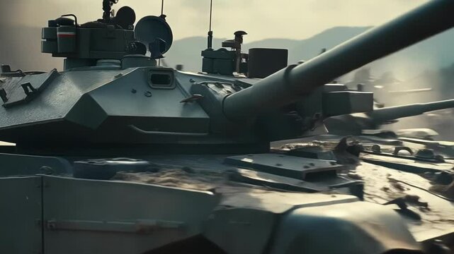 Rows of sleek heavily armed tanks form a tactical line their powerful cannons poised towards an unseen enemy as clouds of dust and debris swirl around them under an ominous overcast