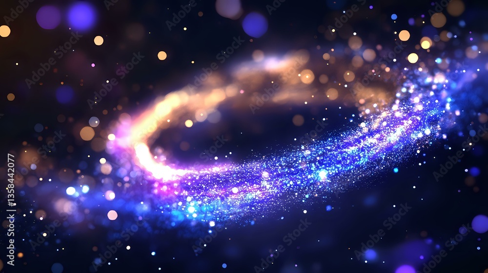Poster magical glowing particles flow in space creating luminous swirl with blue and golden bokeh lights ag