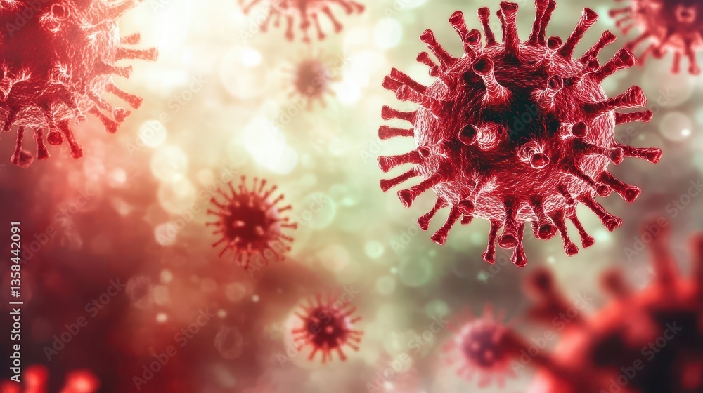 Poster the image shows a microscopic view of several red coronavirus particles against a blurred background