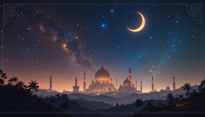 Obraz premium sunset in the mountains background of eid al-fitr greetings