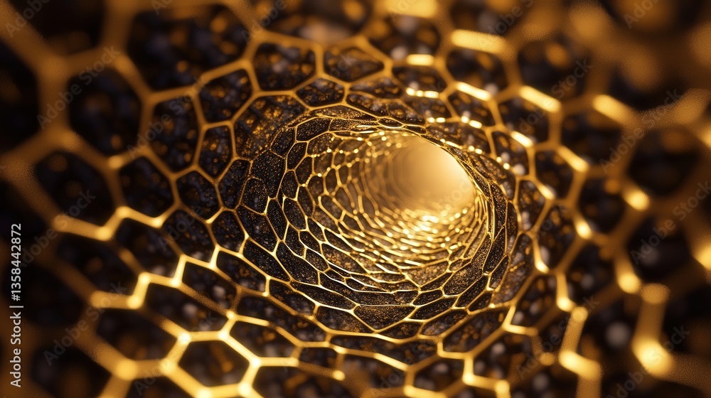 Aufkleber rotating hexagonal tunnel pattern, with light effects flowing through its edges, creating an infinite visual illusion