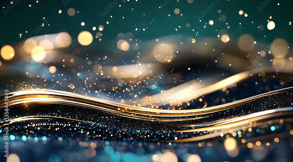 Poster abstract luxury background with flowing golden waves and glowing particles on dark surface with boke