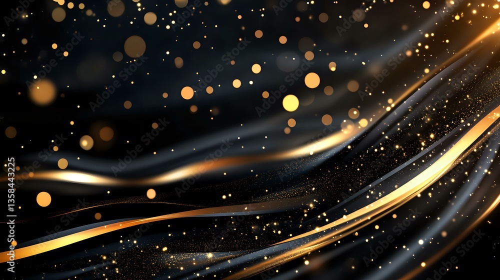 Poster elegant golden light waves flow across dark background with glowing bokeh particles and sparkles cre