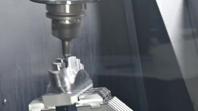 Pan scene the 5-axis CNC milling machine cutting the water turbine blade part with solid ball end mill tool.