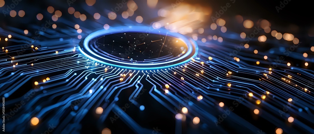 Poster glowing blue circuit lines with light effects radiating from central ring on dark background with go