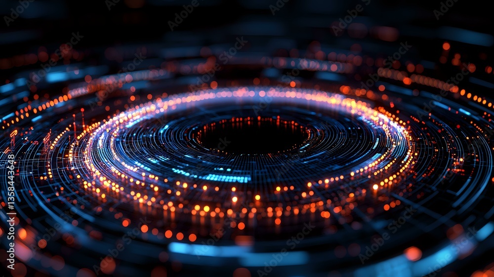 Poster glowing circular light trails with blue and orange neon effects create futuristic technology pattern