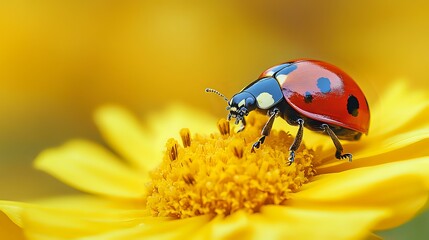 Fototapeta premium Red ladybug with black spots walking on bright yellow daisy flower petals in macro photography, showing detailed insect features against blurred golden background.