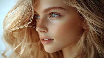 Obraz premium Young Caucasian woman with blonde wavy hair and natural makeup in soft warm lighting, side profile portrait showing flawless skin and serene expression. For beauty and fashion.