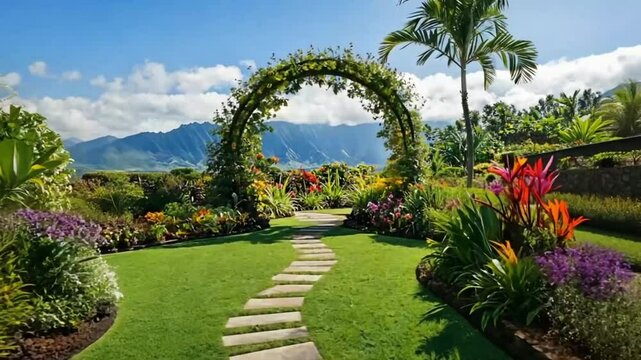 Tropical garden pathway archway; scenic valley view; outdoor wedding venue; ideal for nature photography