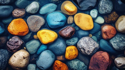 The interplay of light and texture reveals intricate patterns and vibrant colors of shiny, beautiful river rocks beneath the surface of shallow water, showcasing nature's hidden beauty.

