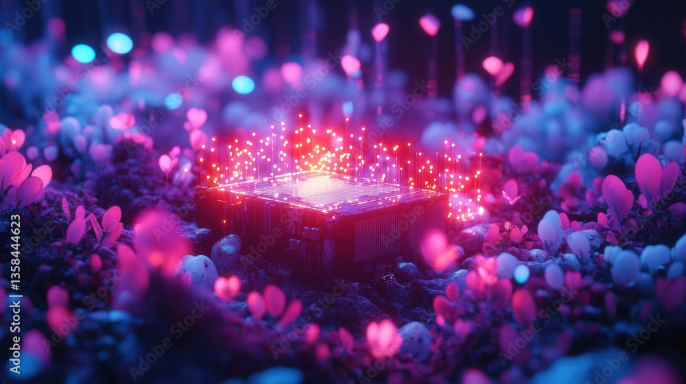 Aufkleber artistic composition featuring a cpu chip glowing in a field of digital holograms.