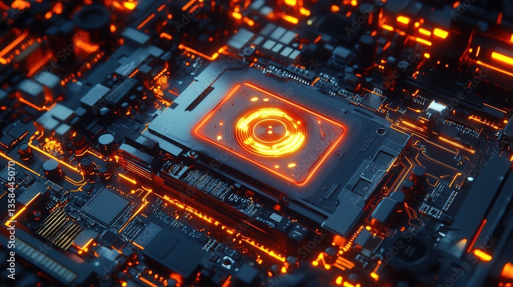 Poster graphics card floating in a cybernetic world, surrounded by glowing circuits