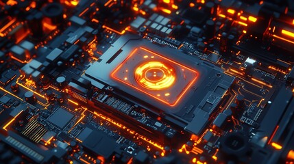 graphics card floating in a cybernetic world, surrounded by glowing circuits