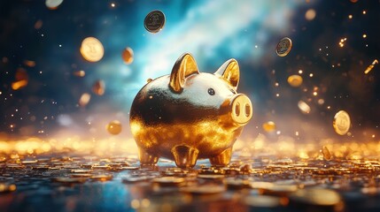 golden piggy bank in a surreal setting, with floating coins and a glowing aurora backdrop.