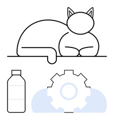 Outline of a resting cat on a surface, a gear disrupting water flow, and a water bottle. Ideal for concepts thumbs up relaxation, functionality, hydration, resource management, productivity