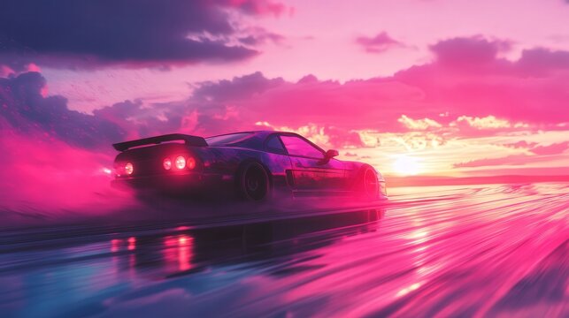car mid-drift under a twilight sky, its vibrant paint reflecting the fading sunlight.