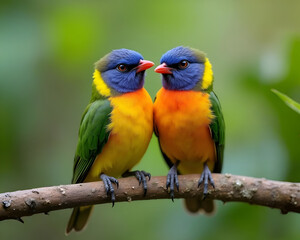 A group of small birds with colorful feathers perched together on a tree branch.