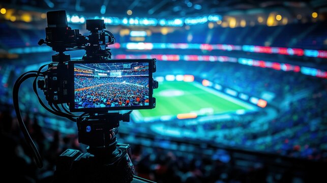 Stadium camera captures thrilling match.  Live broadcast of a sporting event from a high vantage point.  The camera is focused on a packed stadium with cheering fans and the action on the field