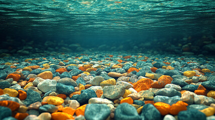 The interplay of light and texture reveals intricate patterns and vibrant colors of shiny, beautiful river rocks beneath the surface of shallow water, showcasing nature's hidden beauty.

