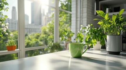 Green mug on kitchen counter, sunlight streaming through window, city view.