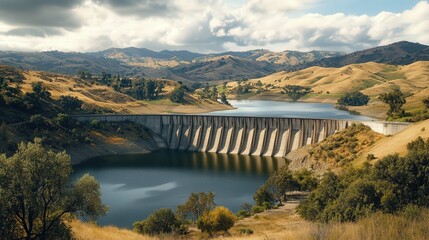 dam with a tranquil lake below it, framed by rolling hills and scattered trees, creating a picturesque and peaceful landscape.