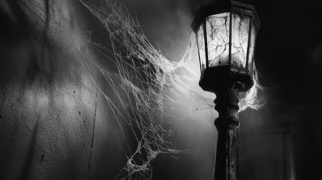 old lamp with cobwebs spread across it, adding a haunting quality to the composition.