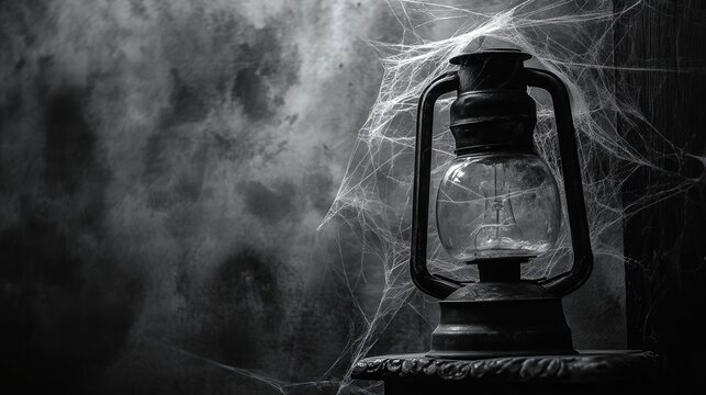 old lamp with cobwebs spread across it, adding a haunting quality to the composition.