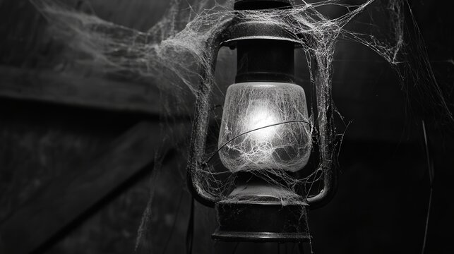 old lamp with cobwebs spread across it, adding a haunting quality to the composition.