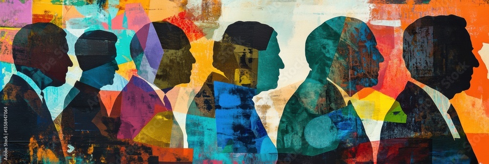 Poster Modern artistic collage of silhouettes representing world leaders with abstract patterns and a deep political color palette Generative AI