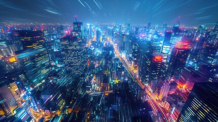 Obraz premium Futuristic Cityscape at Night with Dynamic Motion Blur Effects